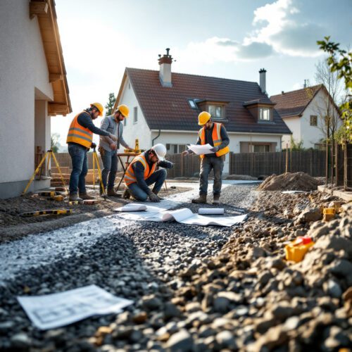 Falsch positionierte Einfahrt, Arbeiter legen Kies, Pläne werden geprüft, Abweichung von acht Metern.