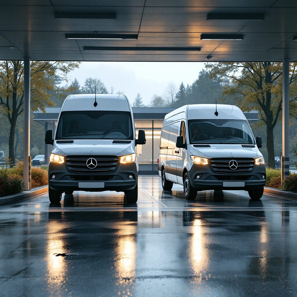 haftungsverteilung-verkehrsunfall Zwei Sprinter Vans am Rastplatz. Ausfahrt, Vorbeifahrt. Verkehrsunfall Haftung Rastplatz.