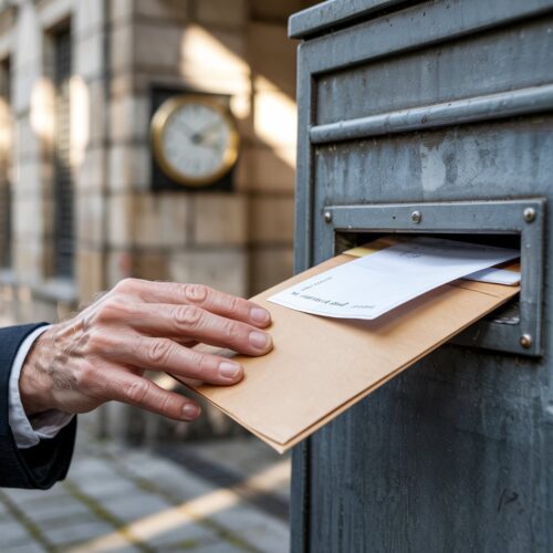 Hand schiebt verspäteten Gerichtskosteneinleger in Briefkasten bei Gericht, symbolisiert Verfahrensweg bei Kostenfestsetzung.