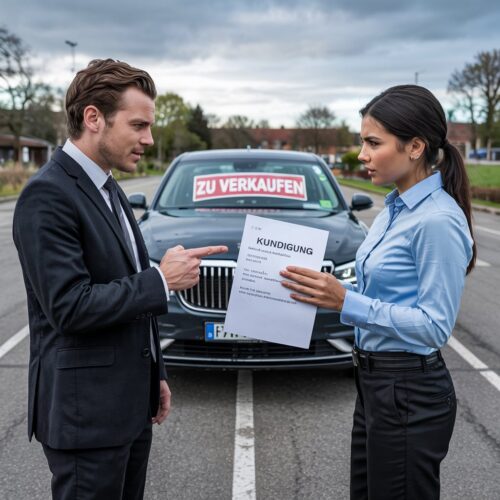 Geschäftsmann mit Kündigungsbrief und "Zu Verkaufen"-Schild auf Gebrauchtwagenparkplatz, Konflikt mit Leasingfirma.