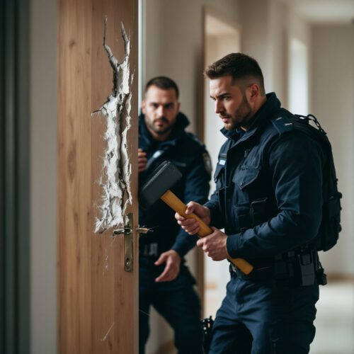 Polizei bricht Tür auf. Hoheitsakt, Wohnungsdurchsuchung. Zugriff Polizei, Eingriff Privatsphäre, Rechtsgrundlage.