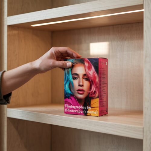 Hand platziert bunte Haarfärbemittel-Verpackung im Regal, Beleuchtung, Symbol für grenzüberschreitende Haftung, Foto auf Packung