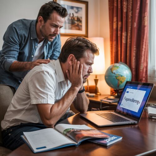 Frustrierter Reisender vor Laptop mit Flugannullierungs-Mail, Peru-Reiseführer, Globus, wegen Covid-19 Reiseprobleme.