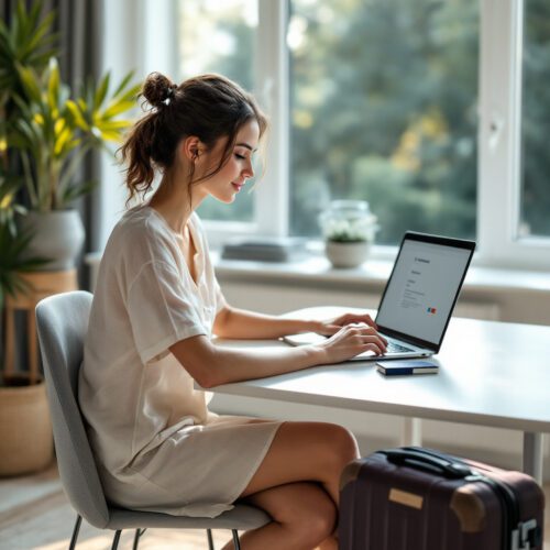 Transitvisum Flugbuchung: Frau bucht Flug Laptop. Zwischenstopp-Visum.