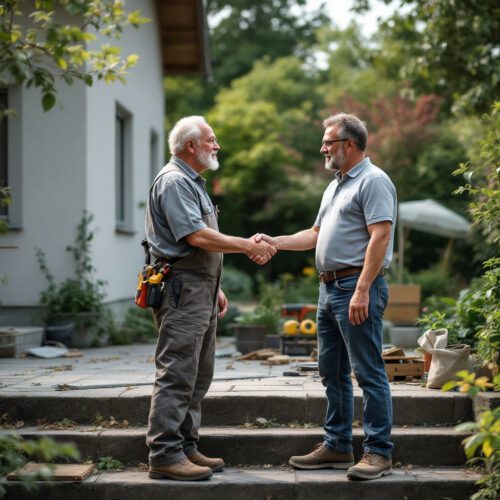 Schwarzarbeit: Heimliche Schwarzgeldübergabe von Handwerker an Hausbesitzer.