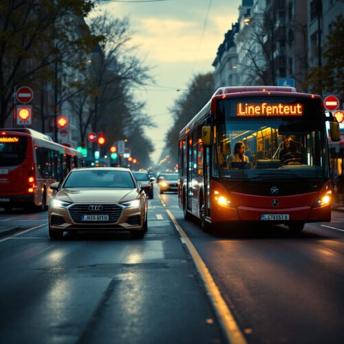 Autofahrer wechselt Spur vor Linienbus, Notbremse überrascht Passagier im städtischen Straßenverkehr.