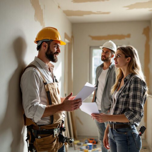 Photorealistische Szene auf einer deutschen Einfamilienhaus-Baustelle: Maler streitet mit Bauherren über Bauhandwerkersicherheit.