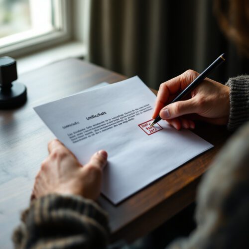 Nahaufnahme von Händen, Brief mit Poststempel zeigt Datumsdifferenz – entscheidend im Arzt-Haftungsrechtsstreit, Verjährung.