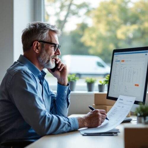 Büromitarbeiter telefoniert, markiert Lieferschein fehlerhaft.