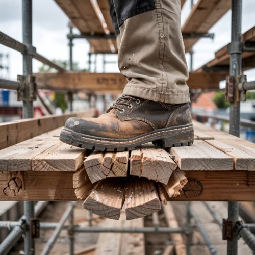 Bauarbeiter auf Gerüst tritt auf verschlissene Sperrholzplatte, Holz bricht – Gefahr durch Materialverschleiß im Bauwesen