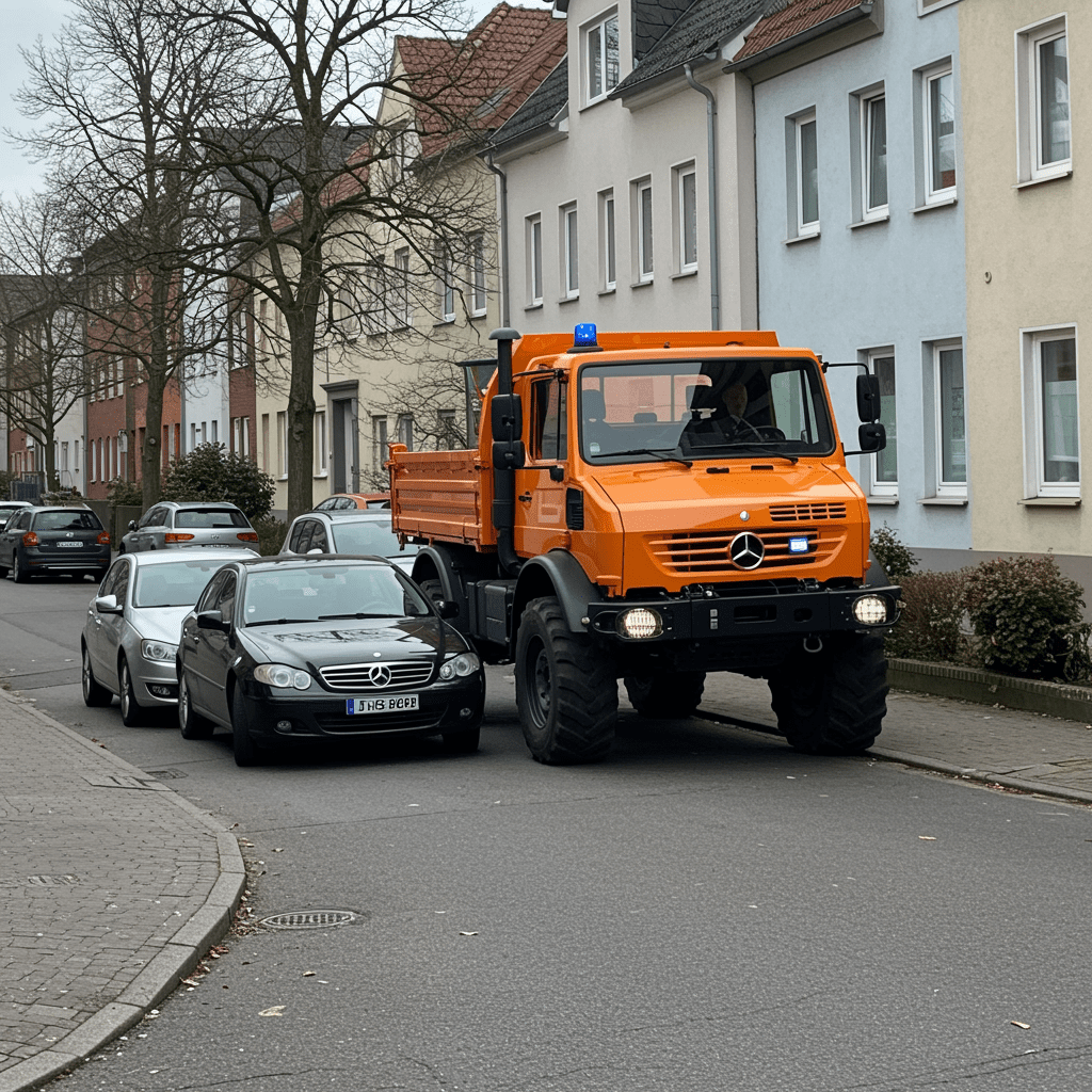 verkehrsunfall-abstandsregelung Unimog parkt. PKW zu dicht, Abstandsunterschreitung §6 StVO. Kollisionsgefahr! Verkehrsrecht.Unimog parkt. PKW zu dicht, Abstandsunterschreitung §6 StVO. Kollisionsgefahr! Verkehrsrecht.