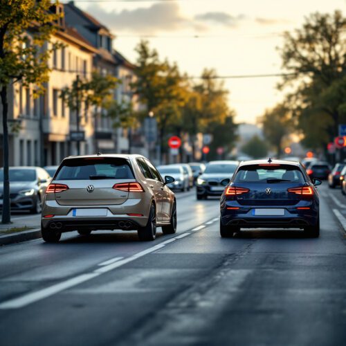 Parkunfallgefahr: Silberner Golf übersieht blauen BMW beim Ausparken. Kollision droht.