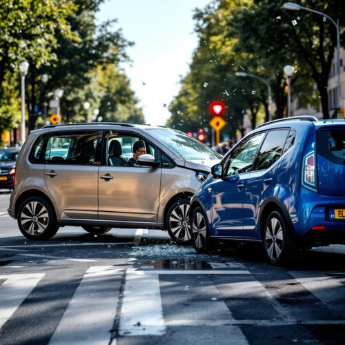 Verkehrsunfall Kreuzung: PKW-Kollision. Blaue Fahrerseite defekt. Glassplitter. Deutschland.