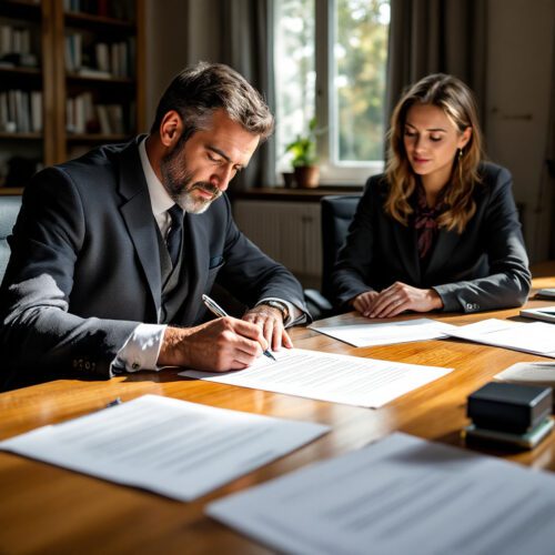 Geschäftsführer unterschreibt notariellen Grundstückskaufvertrag, im Hintergrund zustimmende Käufer-Geschäftsführerin.