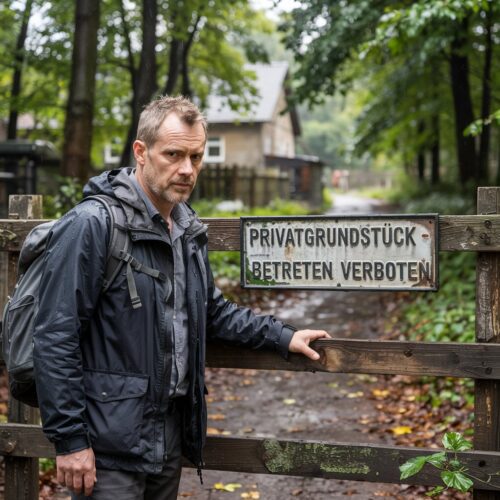 Wegerecht-Streit? Mann vor "Privat"-Zaun zögert.
