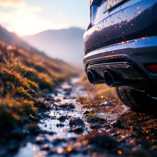 Verärgerter Autokäufer vor Diesel-Pkw mit Abgasen, Hinweis auf Abschalteinrichtung, Klage