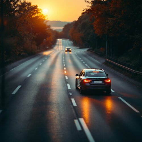 Autofahrer rechnet mit riskantem Spurwechsel auf mehrspuriger Straße bei Tageslicht
