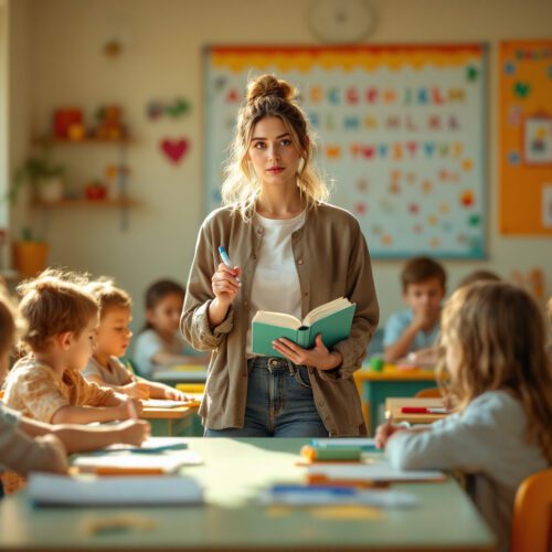 Junge Studentin in chaotischem Grundschulklassenzimmer erklärt unruhigen Kindern, symbolisch für Bildungs- und Förderthemen.