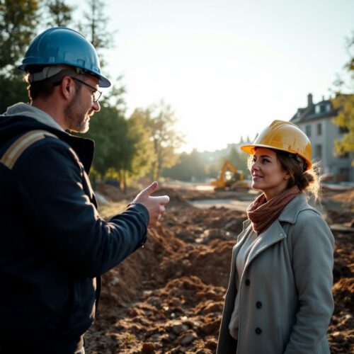 Frau erhält Sofort-Verfügung auf unbebautem Baugrundstück, begrünt, mit Baustellen und Baumaschinen