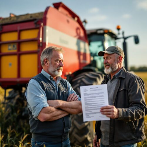 Landwirt und Leasinggeber mit Maisgebiss vor Traktor auf Maisfeld, finanzielle Belastung sichtbar