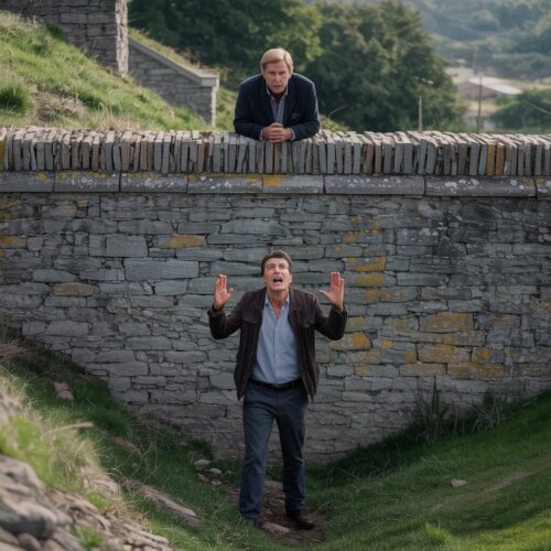 Alte Bruchsteinmauer als Grundstücksgrenze mit Eigentümer und Nachbar im Austausch im Tageslicht