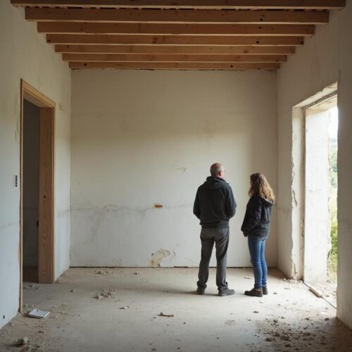 Hausinnenraum mit entfernte Tragwand, Verkleidung und Verkäufer, interessiertes Käuferpaar