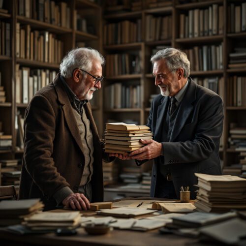 Übergabe historischer Dokumente aus Familienarchiv an erfahrenen Archivar im Archivraum
