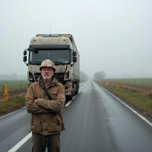 Älterer Mann mit verschränkten Armen vor beschädigtem, stillgelegtem LKW auf Landstraße
