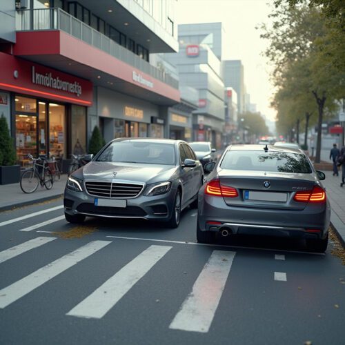Kollision zweier Fahrzeuge bei Ausfahrt mit 'Vorfahrt achten'-Schild, Schäden, Straße, Gehweg