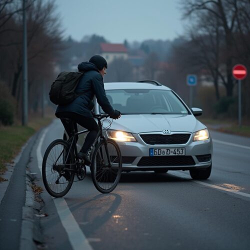 Radfahrerin kollidiert mit Auto an einer Straßeneinmündung bei Dämmerung, Verkehrsunfall, Street Scene