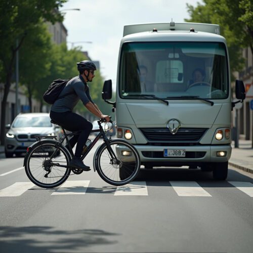 Radfahrer und Pkw bei Kollision an Ampelkreuzung unter Grünlicht, Unfall im Stadtverkehr