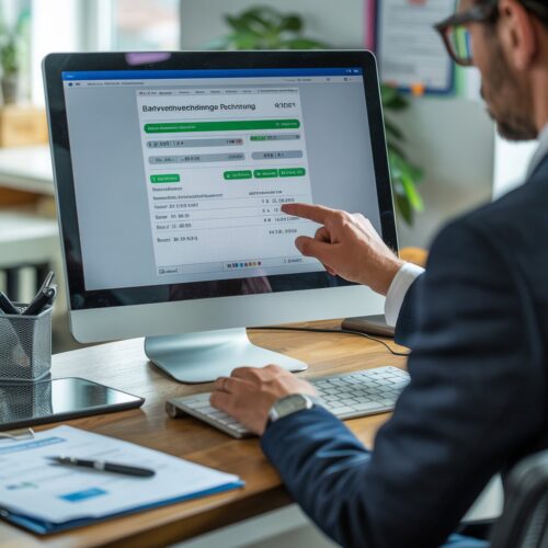 Mann tippt manipulierte Bankverbindung auf Online-Banking-Formular am Computer