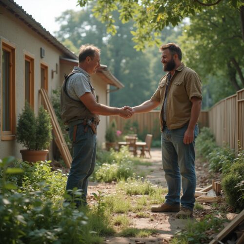 Gartenumgestaltung, Gartengestalter überreicht Kostenvoranschlag an Eigentümer, unvollständiger Garten mit Werkzeugen