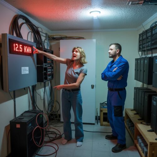Hausbesitzerin zeigt frustriert auf Digitalanzeige ihres Solarstromspeichers im Technikraum, Installateur daneben