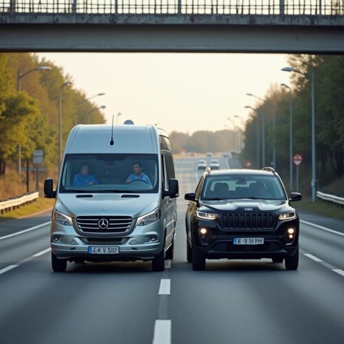 Zwei Autos kollidieren auf einer Straße kurz vor einer Brücke bei Spurverengung.