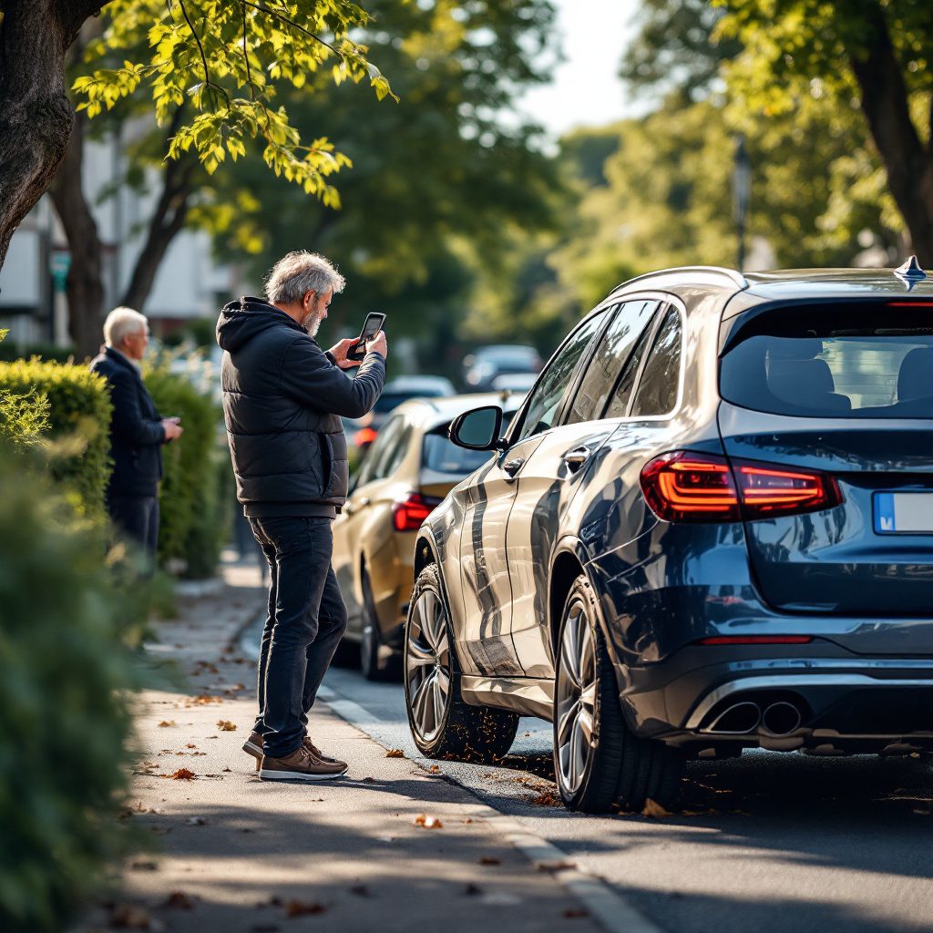 strafurteile-urkundenbeweis Mercedes-Benz C 180 kollidiert rückwärts mit BMW X3, Fahrer fotografiert Schaden in Wohnstraße