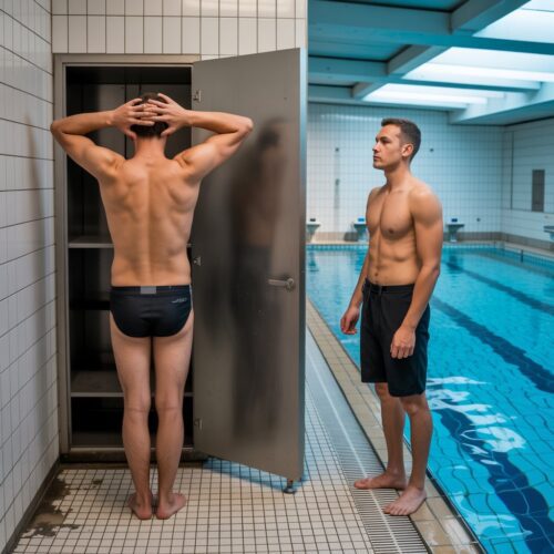 Bademeister beobachtet verwirrten Badegast beim Suchen seines verlorenen ChipCoin im Schwimmbad.