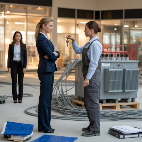 Drei Frauen bei Übergabe einer Trafo-Station in einem Baustellen-Einkaufszentrum, angespannt