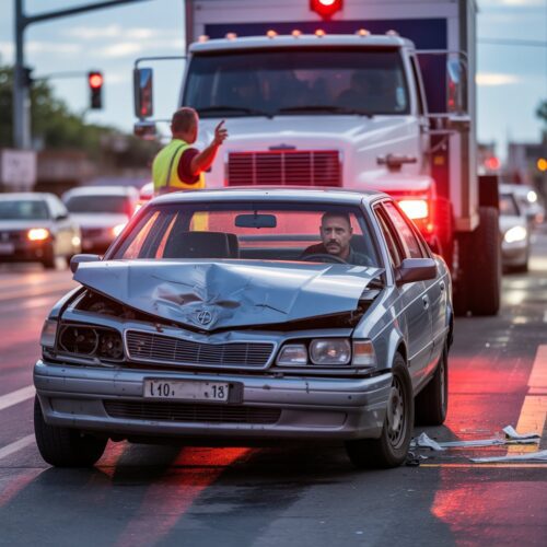Unfall verursacht durch unkontrollierten LKW-Rückwärtsgang an roter Ampel, PKW mit sichtbarer Beule