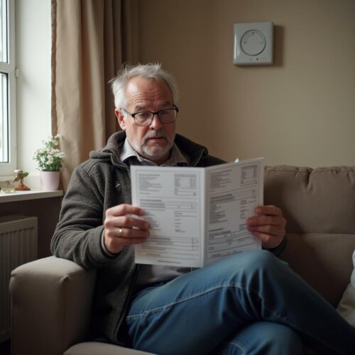 Privater Haushalt überprüft Heizkostenrechnung bei Heizkörper und Thermostat, Symbol für Energiepreise