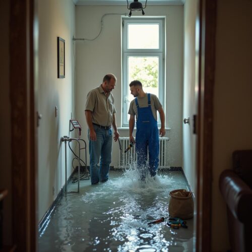 Hausbesitzer entdeckt Wasserschaden durch gebrochene Wasserleitung im Wohnzimmer, mit Helfer bei der Reparatur