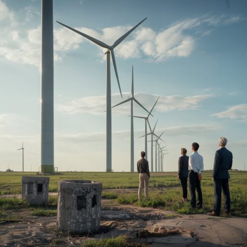 Moderne Windkraftanlagen auf offenem Feld, alte Fundamente im Vordergrund, Menschen im Gespräch