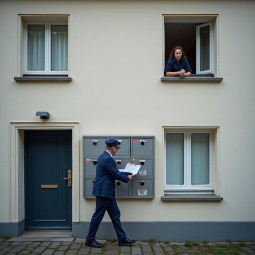 Postbote steckt Vollstreckungsbescheid in Briefkasten, Empfängerin beobachtet aus Fenster.