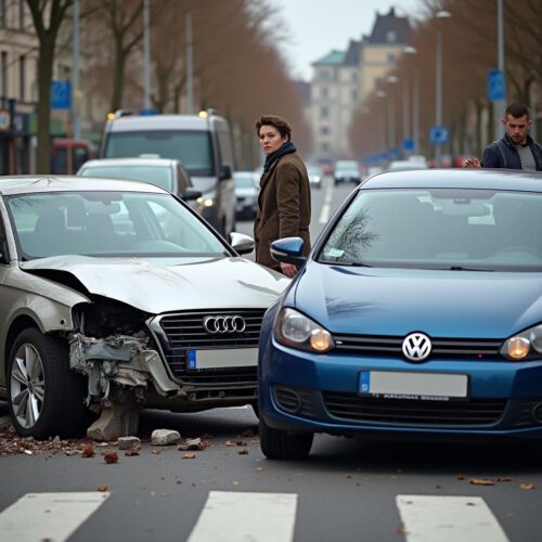 Unfall auf städtischer Kreuzung mit beschädigtem Audi A4 und VW Golf, Fahrer gestikulieren, Trümmer