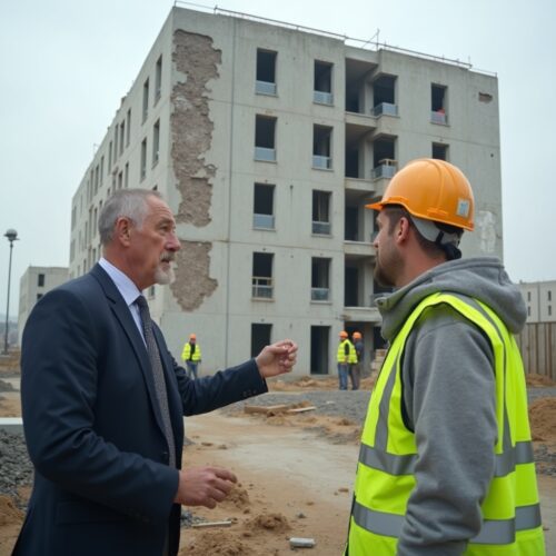 Baumängnger im Gespräch vor unfertigem Gebäude mit Rissen und Baumängeln bei Baustellenbesichtigung