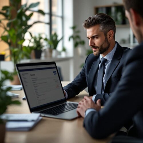 Manager autorisiert Überweisung am Laptop in modernem Büro, Dokumente im Vordergrund
