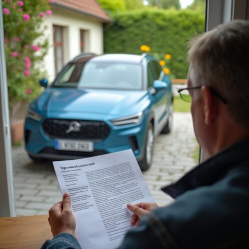Mann prüft Widerrufsbelehrung am Küchentisch, mit blauem Elektroauto im Hintergrund