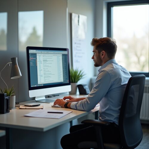 Mitarbeiter prüft E-Mails im Büro mit Blick auf Vorstandskommunikation und Betreffzeilen