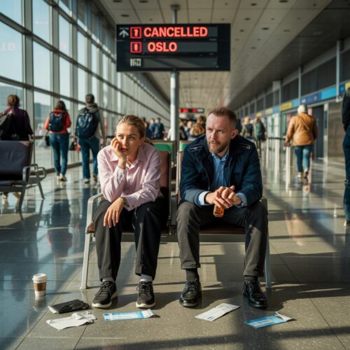 Flughafen: Reisepläne nach Oslo wegen Flugannullierung gestoppt; enttäuschte Passagiere.