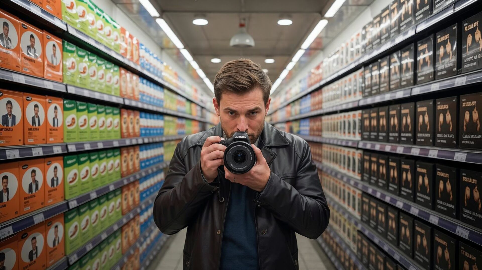 Mann fotografiert Produkte in Geschäftsregalen, symbolisiert Vertragsanpassung Urheberrecht für Werkverwertung Fotograf.